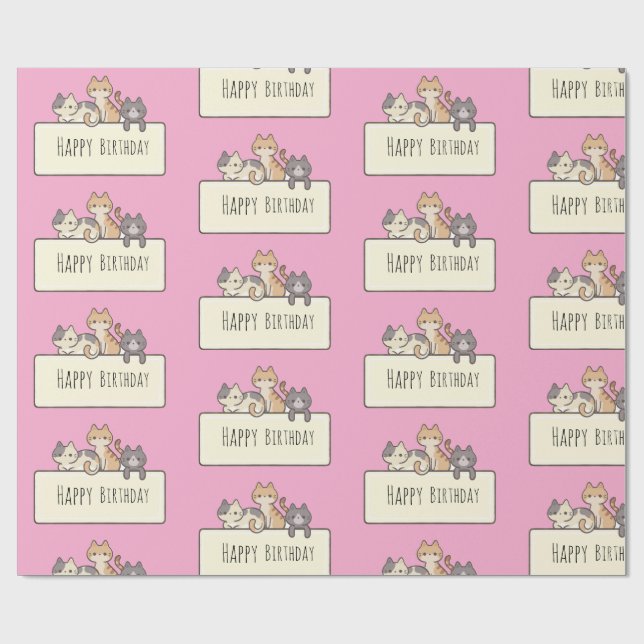 Regalo Feliz Cumpleaños Tres Gatos Cutos Papel De Envoltu (Superficie plana)