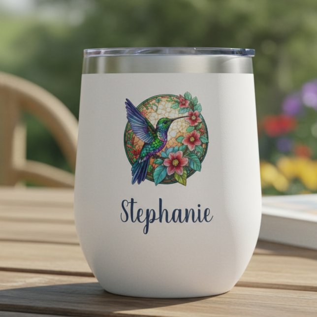Regalo Floral de Vidrio Pintado con Colibrí (Stained glass personalized floral hummingbird wine tumbler)