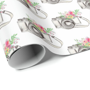 Regalo Flores y cámara de papel de envolver blanco