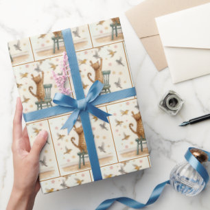 Regalo Gato de jengibre atrapando un pájaro en papel tapi