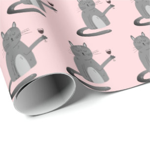 Regalo Gato Gris Con Papel De Envoltura De Vino Rojo