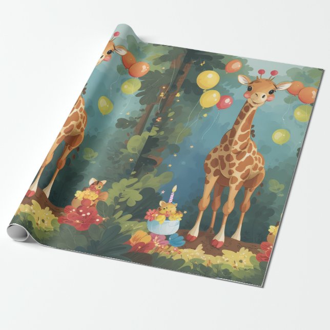 Regalo Giraffe en la selva con pastel | Papel de envolver (Desenrollado)