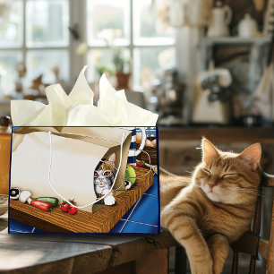 Regalo Grande Bolsa de comestibles de gato atigrado curioso azul