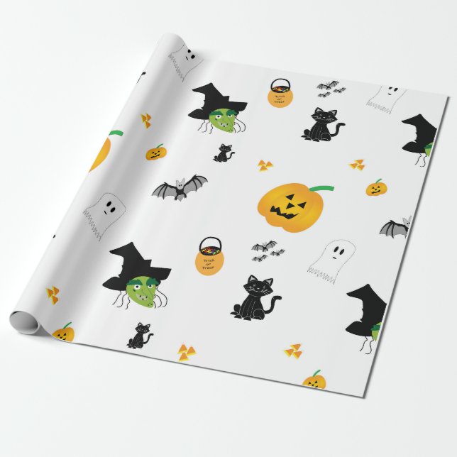 Regalo Halloween ilustró el papel de embalaje blanco (Desenrollado)