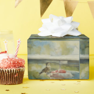 Regalo Hummingbird en el papel de envolver de la ventana