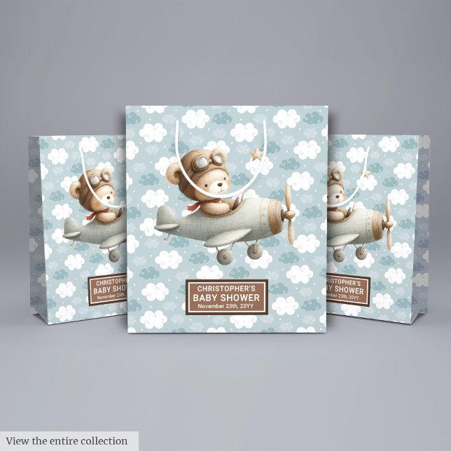 Regalo Mediana Bolsa Baby Shower Favor Con Oso Piloto De Acuarela (Baby Shower Favor Bag With Watercolor Pilot Bear)