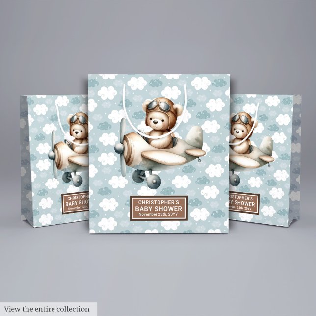 Regalo Mediana Bolsa de Favor del Partido Baby Shower del Piloto  (Cute Teddy Bear Pilot Baby Shower Party Favor Bag)