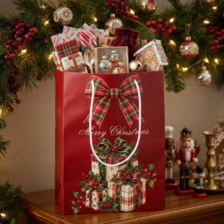 Regalo Mediana Bolsa de Navidad con Lazo de Cuadro Rojo Borgoña
