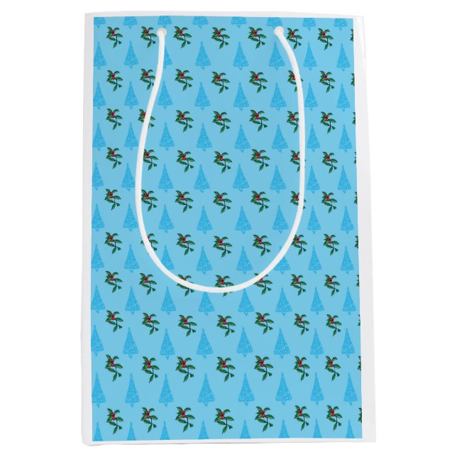 Regalo Mediana Bolsa de navidades con Holly y árboles azules (Anverso)