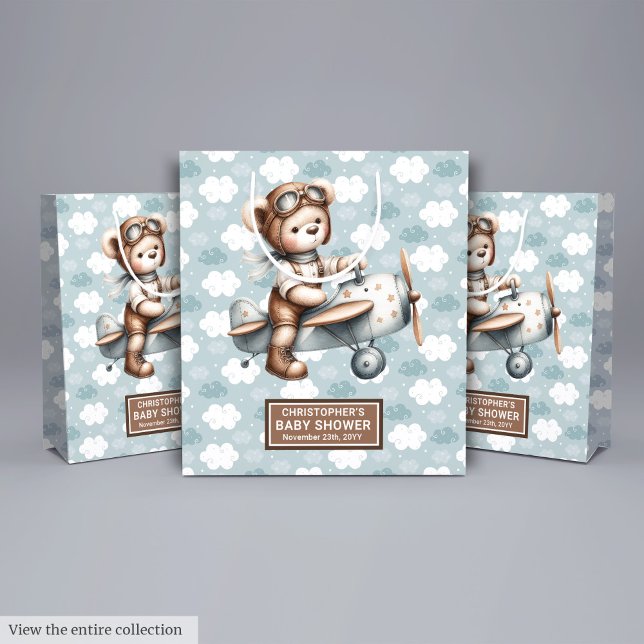 Regalo Mediana Bolsa de Tratamiento Baby Shower del piloto de Oso (Watercolor Teddy Bear Pilot Baby Shower Treat Bag)