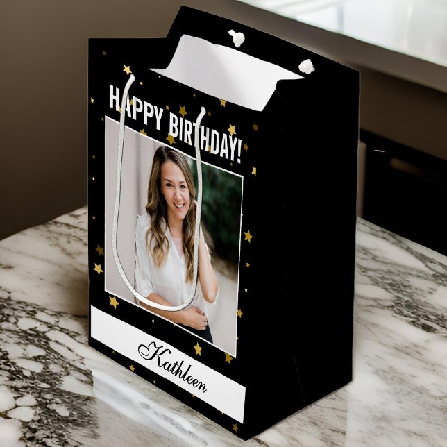 Regalo Mediana Foto de personalizado Feliz cumpleaños Bolsa de re (happy birthday gift bag, personalized gift bag, custom photo gift bag, birthday gift wrap)