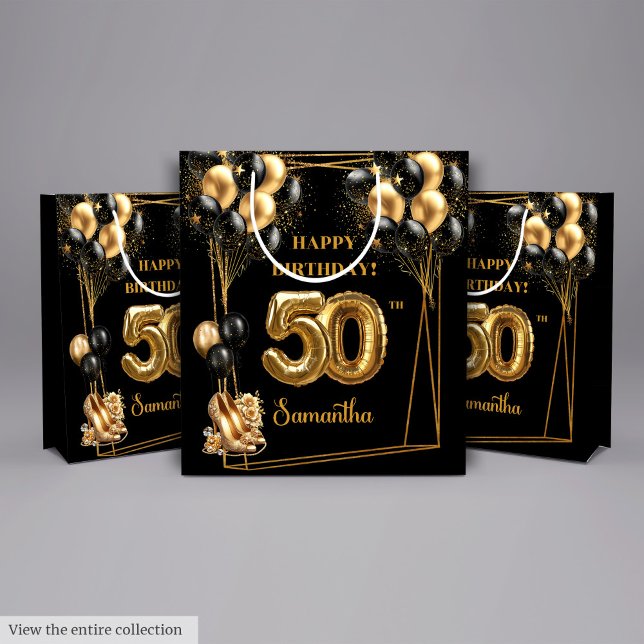 Regalo Mediana Nombre personalizado 50º cumpleaños Bolsa de regal (Custom Name 50th Birthday Gift Bag Black Gold)