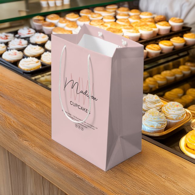 Regalo Mediana Personalizado de panadería Monograma Bolsa de pape (Bakery Custom Monogram Logo Pink Paper Bag)