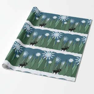 Regalo Moose en papel envuelto en bosques de copos de nie