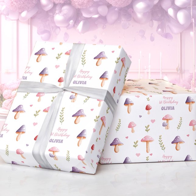 Regalo Musgos morados rosados Cae Nombre Papel de envolve (Pink Purple Mushrooms Fall Name Wrapping Paper)