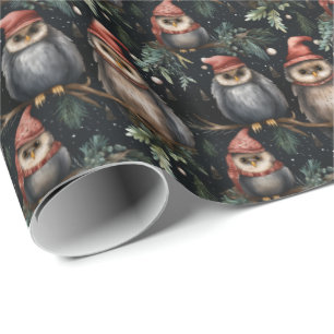 Regalo Navidades Envolviendo Papel Con Búhos De Santa