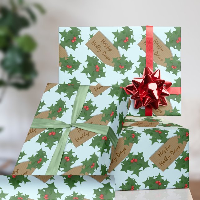 Regalo Navidades Holly Berries Papel de envolvimiento de  (Happy Holidays and happy holly days. You can change the text on this Christmas wrapping paper)