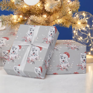 Regalo Navidades Husky Con Papel De Envoltura De Sombrero