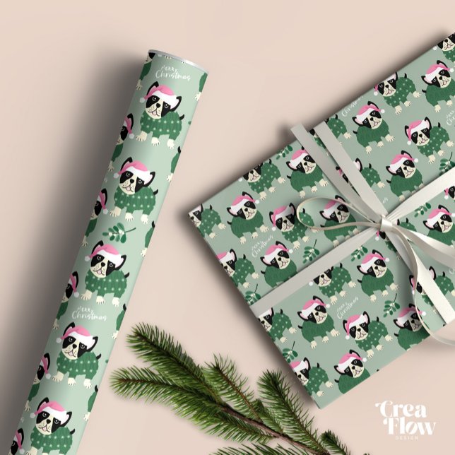 Regalo Navidades Papel de envoltura de perro (Christmas wrap paper featuring cute Frenchie with knitted overall and text Merry Christmas.)