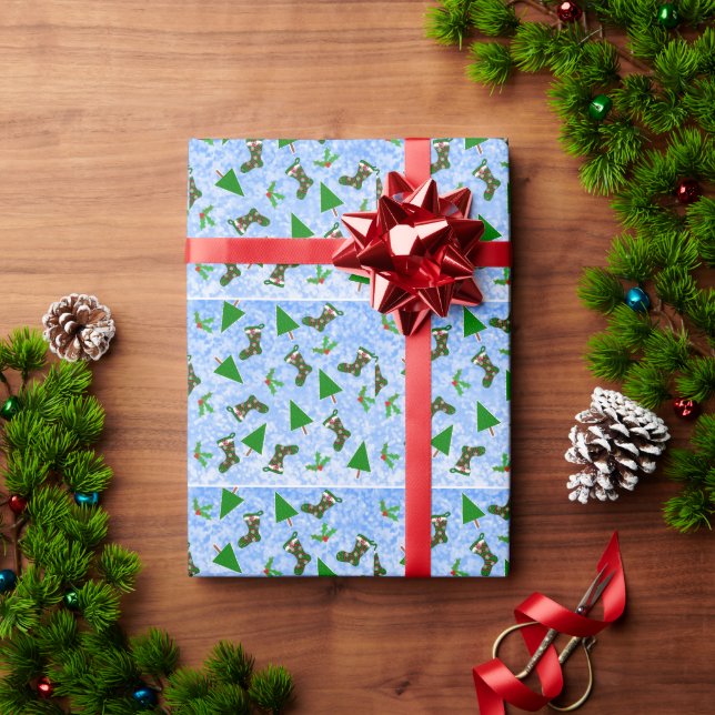 Regalo Navidades Símbolos Patrón Papel de ajuste azul (Regalo de vacaciones)