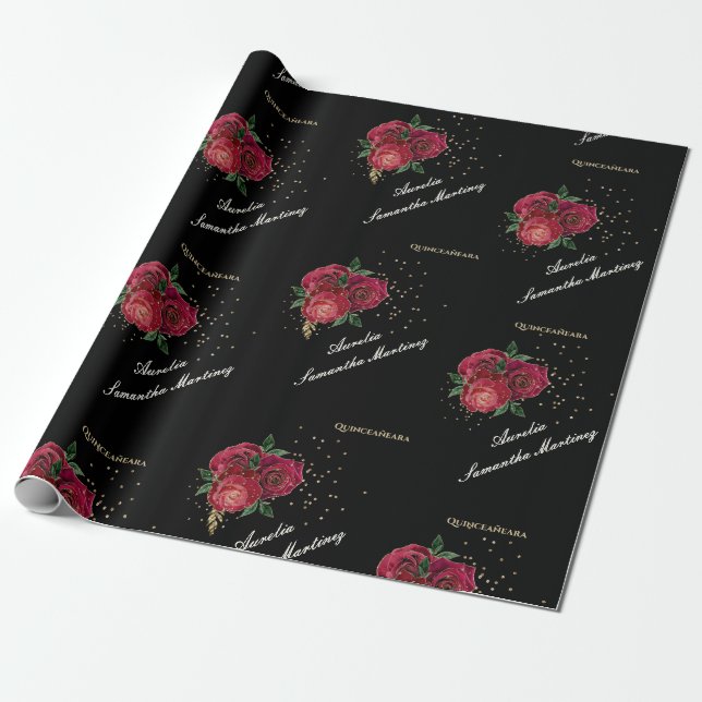 Regalo Negro con rosas rojas Quinceañera Papel de envolve (Desenrollado)