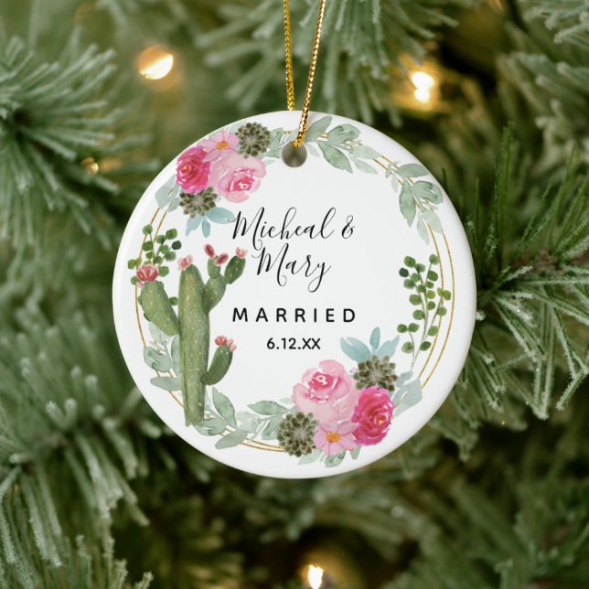 Regalo ornamento de Boda de Cactus Rosa (Árbol)