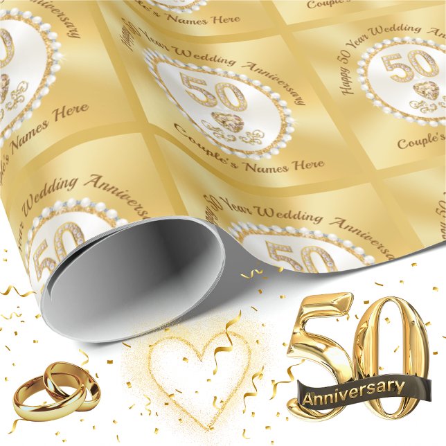Regalo Oro personalizado, papel de ajuste de 50 años (50th Anniversary Wrapping Paper. Personalized 50th Wedding Anniversary Gift Wrap. Golden Anniversary)