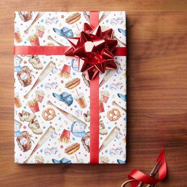 Regalo Papel de ajuste de cumpleaños del patrón de béisbo (Red White & Blue Baseball Themed Birthday Party Wrapping Paper)