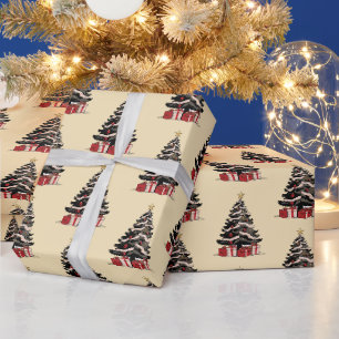 Regalo Papel de ajuste de patrón de árbol de Navidad retr