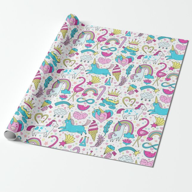 Regalo Papel de ajuste de patrón de doodle de unicornio (Desenrollado)