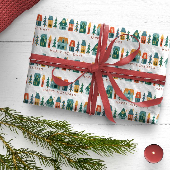 Regalo Papel de ajuste de vacaciones retro (Happy Holidays Retro Houses Wrapping Paper)