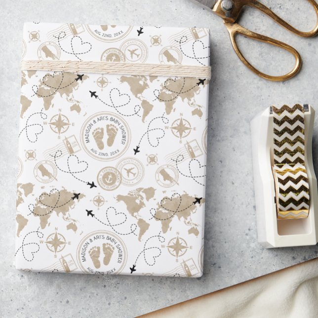 Regalo Papel de ajuste del mapa mundial de Baby Shower de (Welcome to the world baby shower gift wrap)