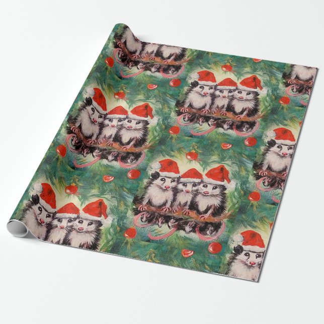 Regalo Papel de ajuste Opossum Santas (Desenrollado)