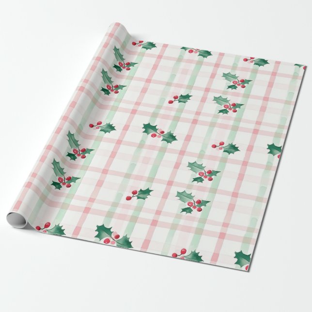 Regalo Papel de ajuste para Navidades de Retro Verde Rosa (Desenrollado)