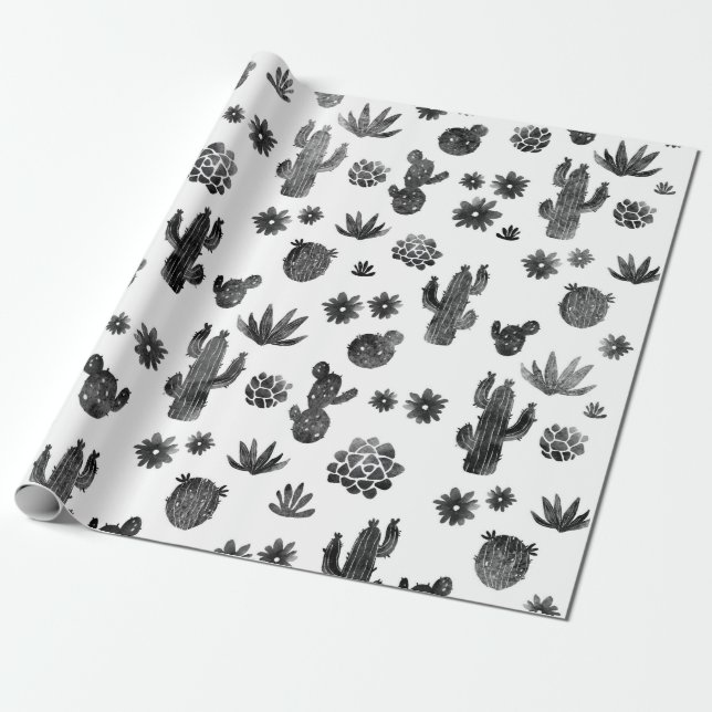 Regalo Papel de embalaje blanco y negro del cactus (Desenrollado)