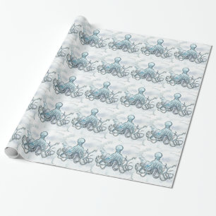 Regalo Papel de embalaje brillante del pulpo azul, 30" x