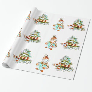 Regalo Papel de embalaje del muñeco de nieve y del árbo