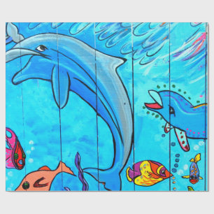 Regalo papel de envoltura azul de delfines riéndose
