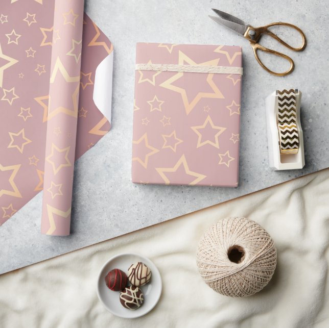 Regalo papel de envoltura rosa de estrellas doradas (Artesanía)
