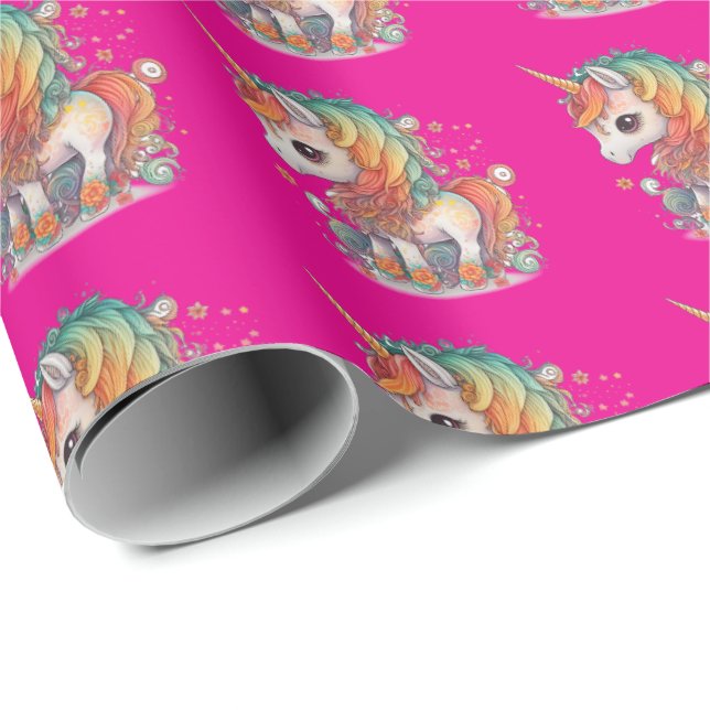 Regalo Papel de envoltura rosa de unicornio (Esquina del rollo)