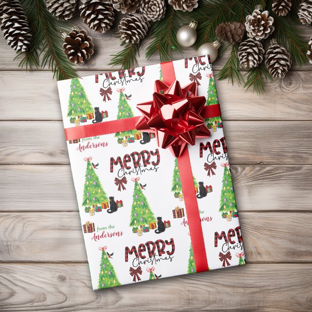 Regalo Papel de envolver de gato, pájaro y árbol de Navid (Subido por el creador)