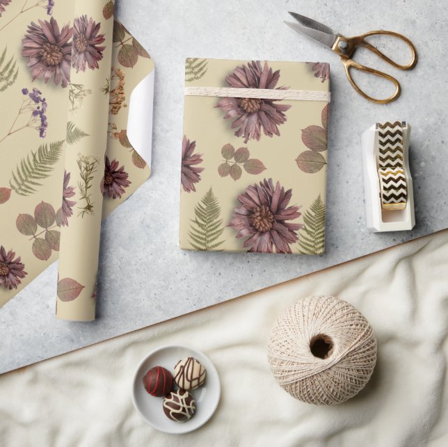 Regalo Papel de envolver mate con flores secas mezcladas (Artesanía)