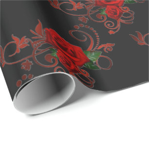 Regalo Papel de envolver rojo y negro en el patrón Roses