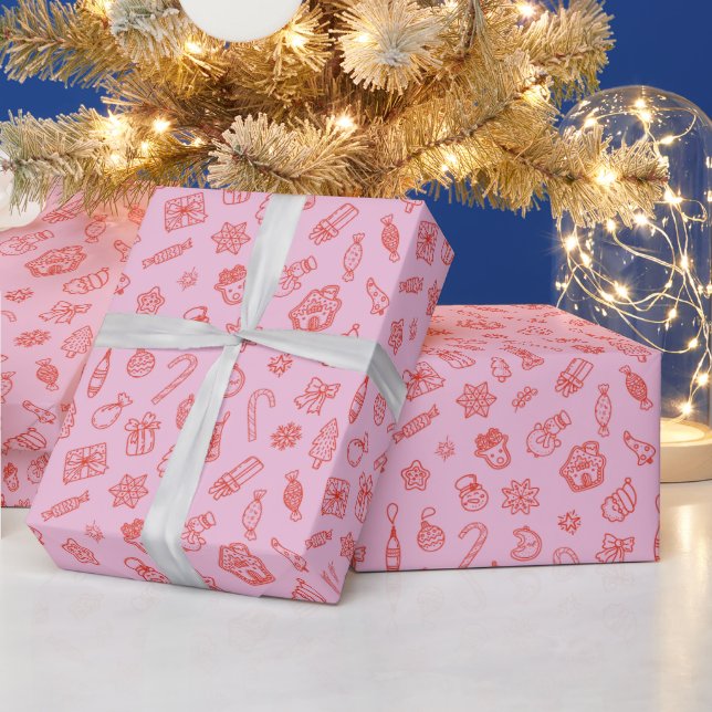 Regalo Papel de envolver rosa y rojo para Navidades dibuj (Vacaciones)