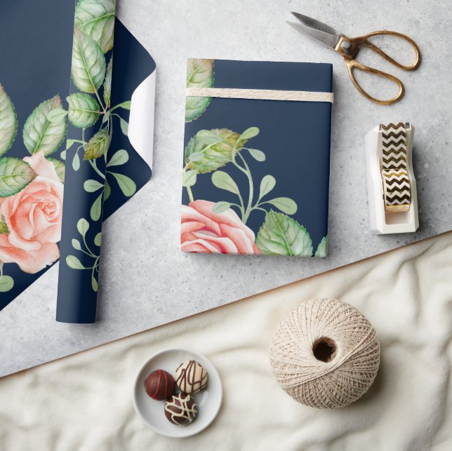 Regalo Papel de envolvimiento azul de flores rosas (Artesanía)