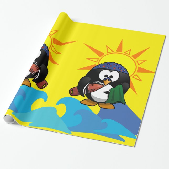 Regalo Papel de envolvimiento brillante, playa de pingüin (Desenrollado)