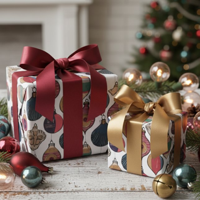 Regalo Papel de envolvimiento de adornos de navidad blanc (Chic Holiday Retro Wrapping Paper for Christmas. Stylish Elegant Vintage Xmas Ornaments Pattern )