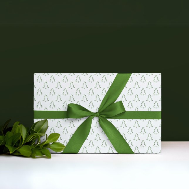 Regalo Papel de envolvimiento de árbol blanco de Navidad  (Green Christmas tree on snowy white wrapping paper)