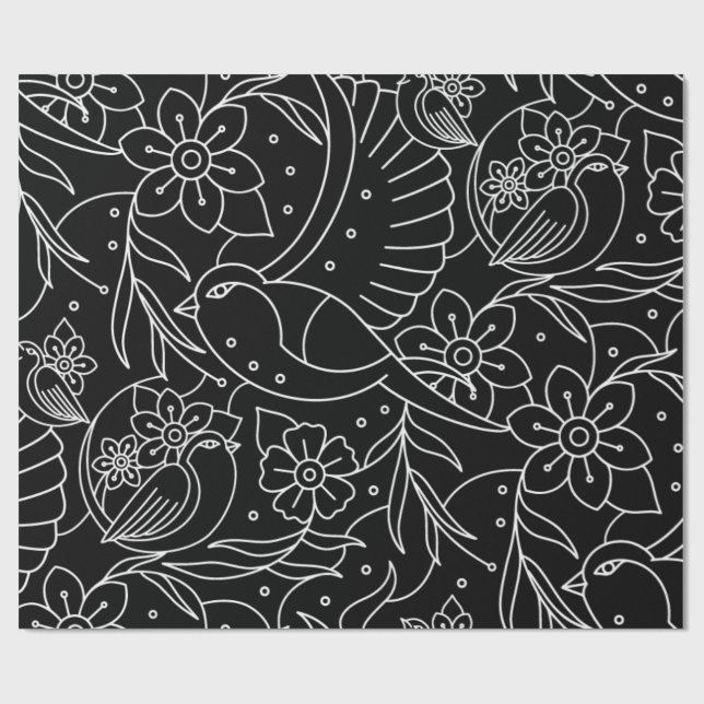 Regalo Papel de envolvimiento de aves y flores monocromas (Superficie plana)