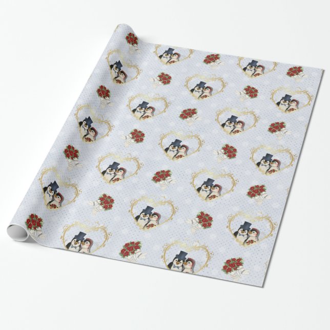 Regalo Papel de envolvimiento de Boda pingüino (Desenrollado)